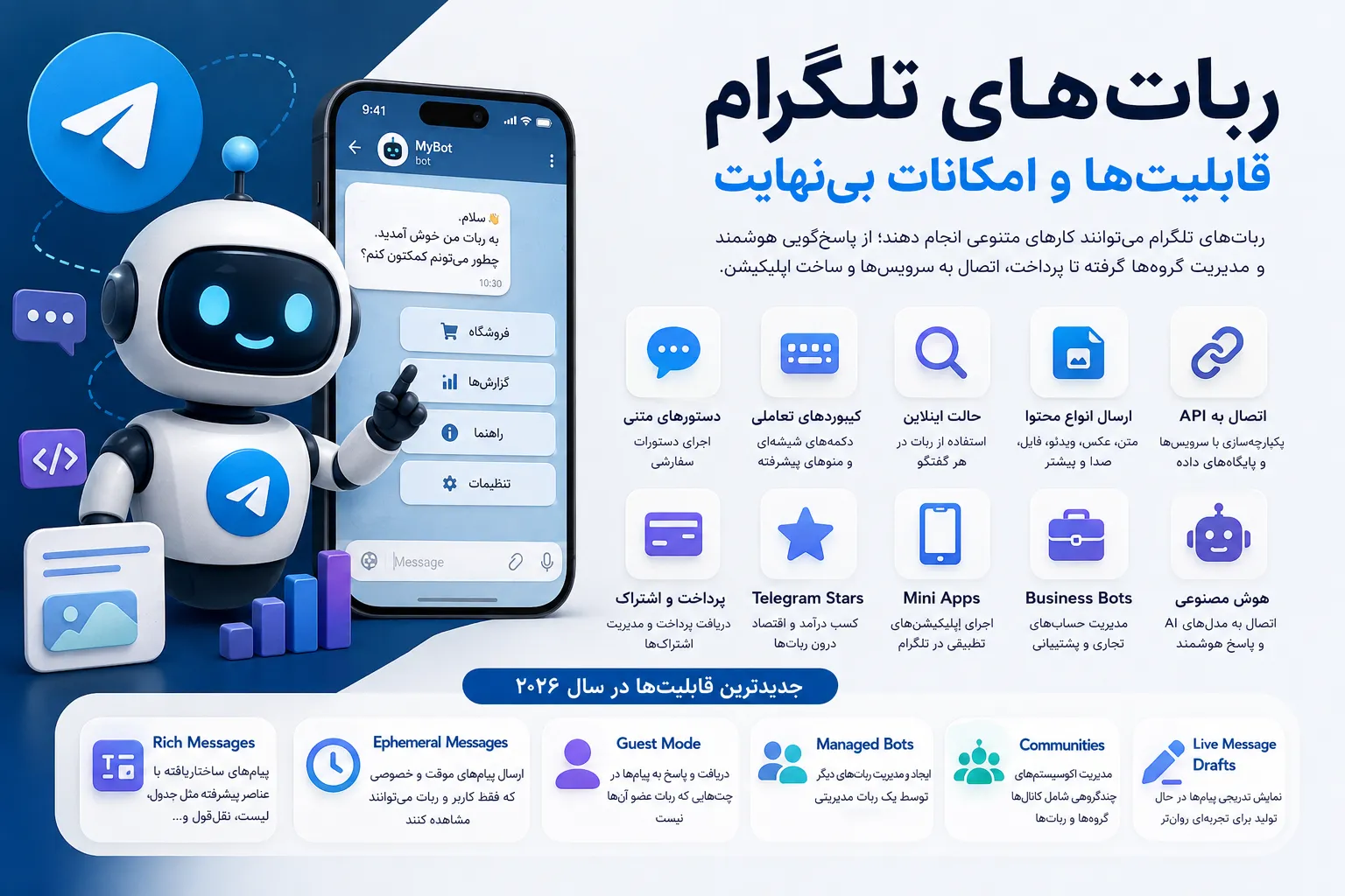 رباتهای تلگرام چه قابلیتهایی دارند؟ بررسی امکانات، کاربردها و جدیدترین ویژگیهای در سال ۲۰۲۶